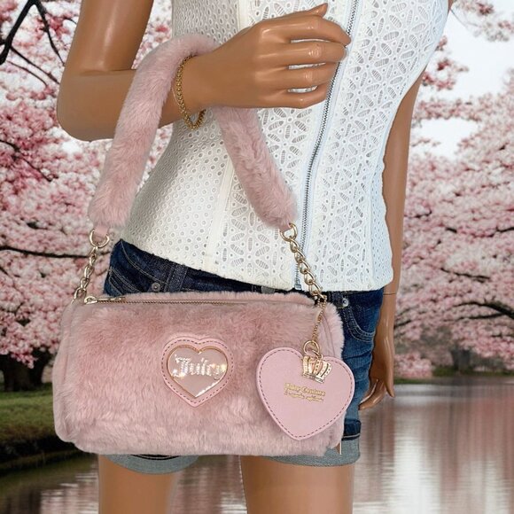Juicy Couture Pink Warm Up Faux Fur Small Handbag & Heart Purse Charm NWT - Picture 11 of 11